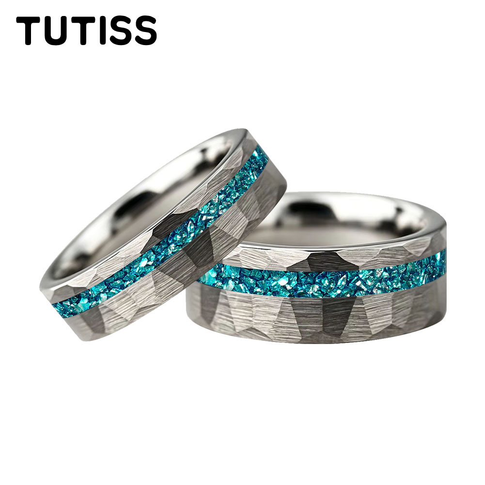 Coupling 8Mm - แหวนทังสเตนคาร์ไบด์ TUTISS 6/8 มม. ลายตอกแบบออฟเซ็ต ประดับคริสตัลสีน้ำเงิน