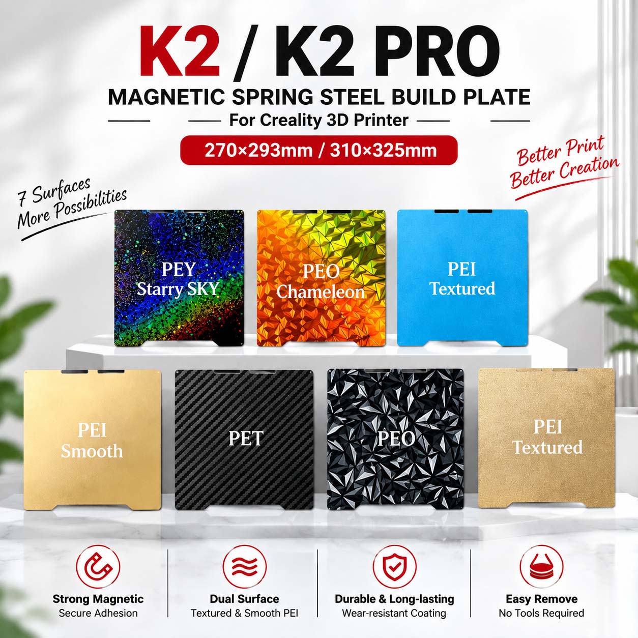 Aluminium Profile 2020 - แผ่นรองพิมพ์แม่เหล็กสปริงสตีล Creality K2/K2 Pro ขนาด 270293/310325