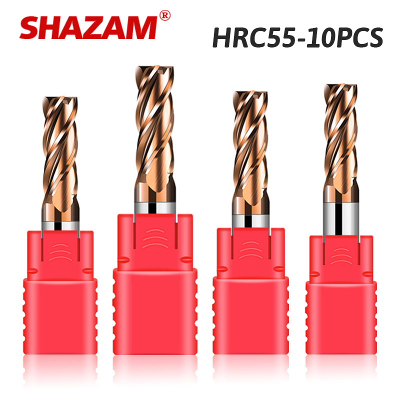 End Mill Set - Shazam HRC55 4ก้านแบบปลายแบน4ขลุ่ยเคลือบทังสเตนเหล็กคาร์ไบด์อัลลอยด์คัตเตอร์10ชิ้นสำหรับงานกัด CNC